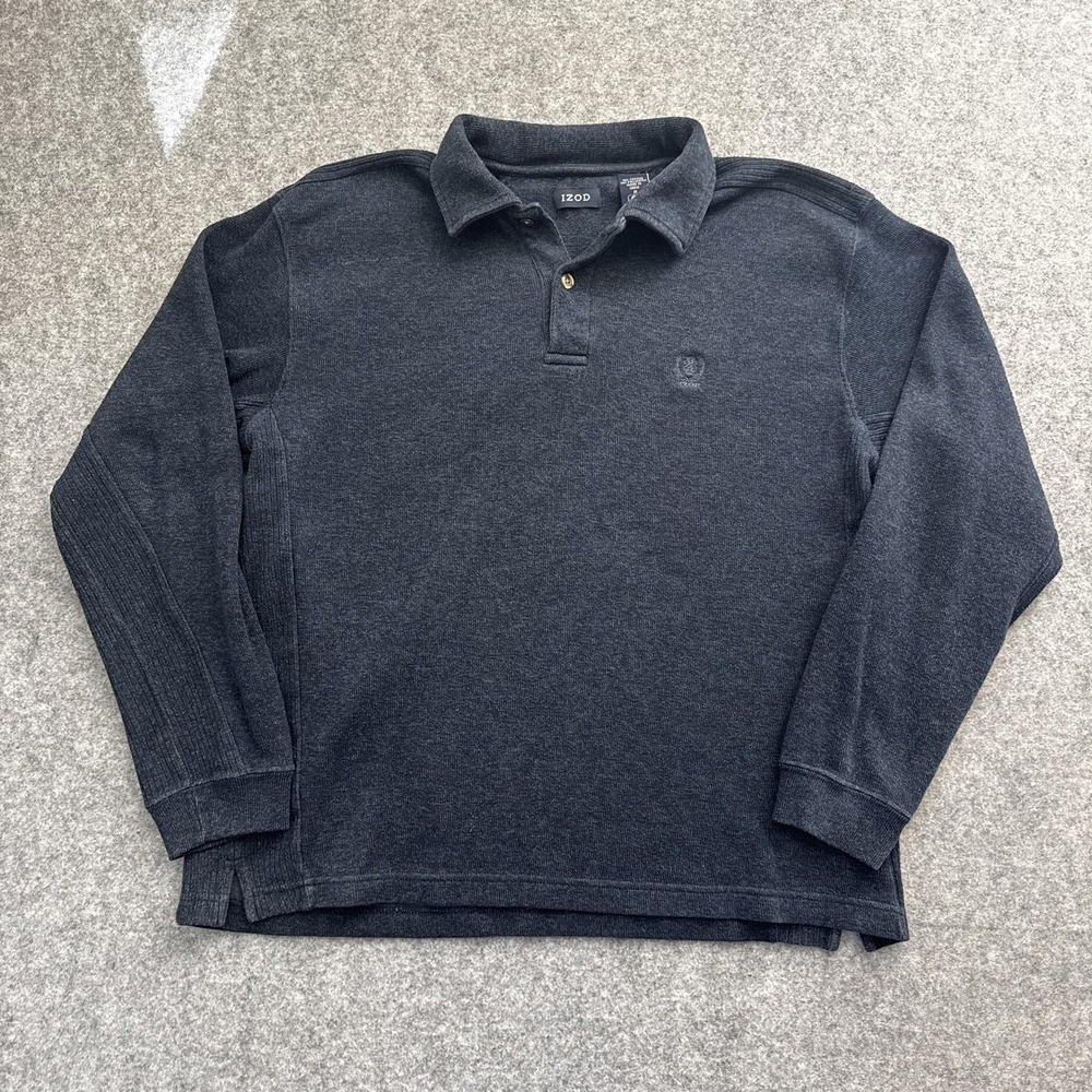 IZOD Long Sleeve Polo Shirt Sweater Men Medium Blue Cotton Knit Embroidered Logo